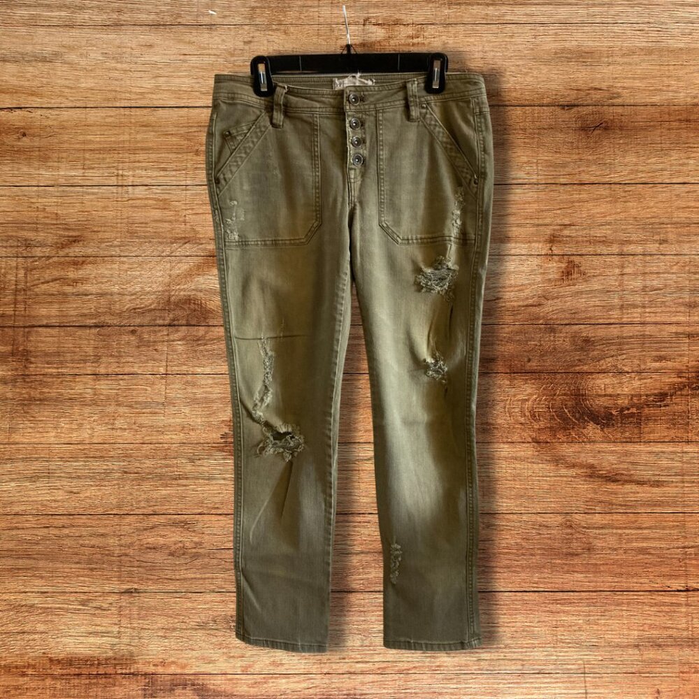 Free People Olive Green Distressed low rise straight crop Jeans Y2K Pants size 4